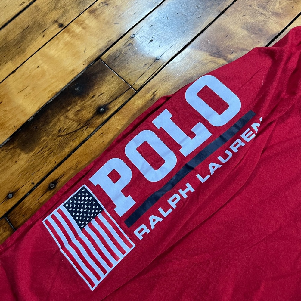 Polo Ralph Lauren Mens Large Big Pony Spellout Logo American Flag Red Hoodie Tee - Picture 4 of 8